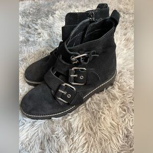 Women's Black Suede Buckle Strap Ankle Boots